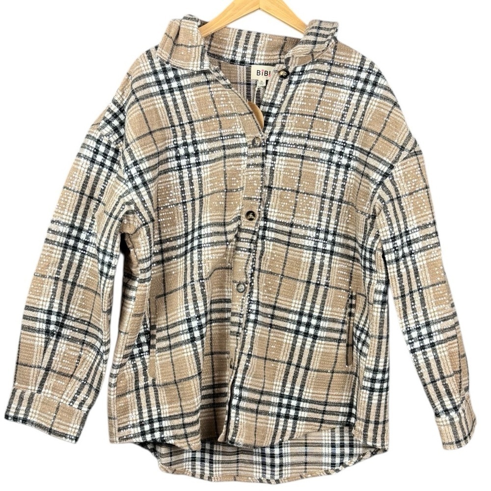BiBi Plaid Tan/Black/White Sequin Shacket – Women’s Sz XL (NWT) - Picture 3 of 10